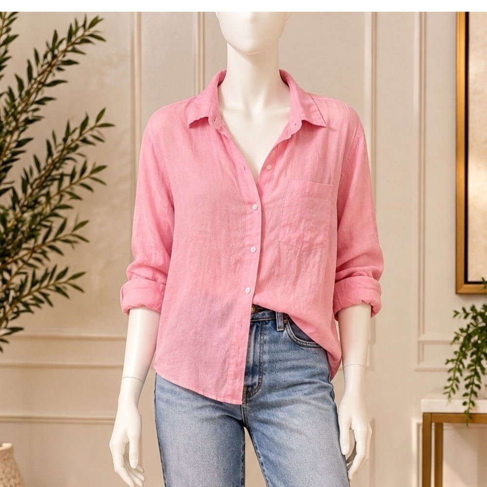 H&M Women Button Up Shirt Pink 100% Linen Long Sleeve XL